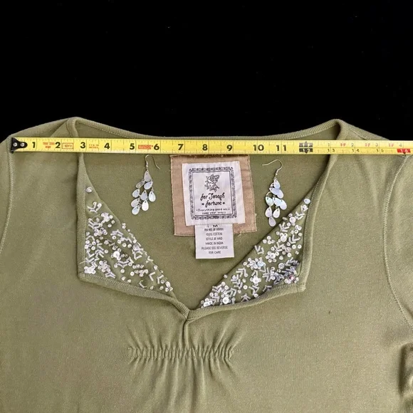 Women’s Top - Olive Green V-Neck with Sequins by For Joseph Fortune - Size M - Picture 7 of 16